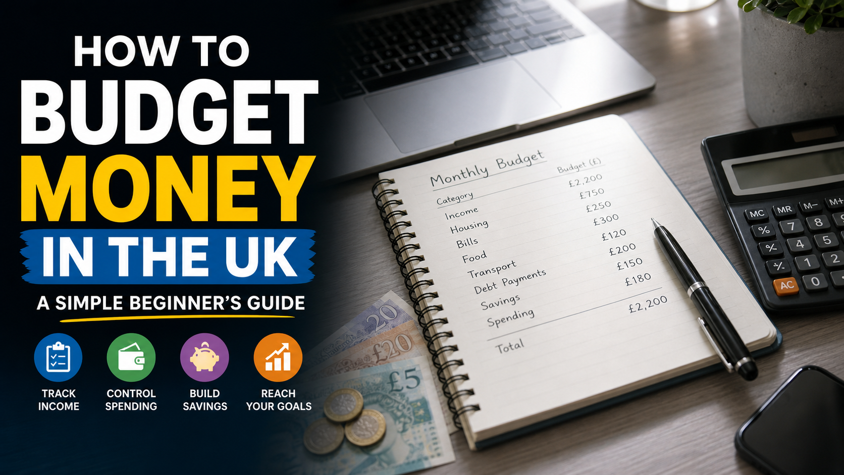 Clean budgeting desk with calculator, notebook and financial paperwork for managing money in the UK